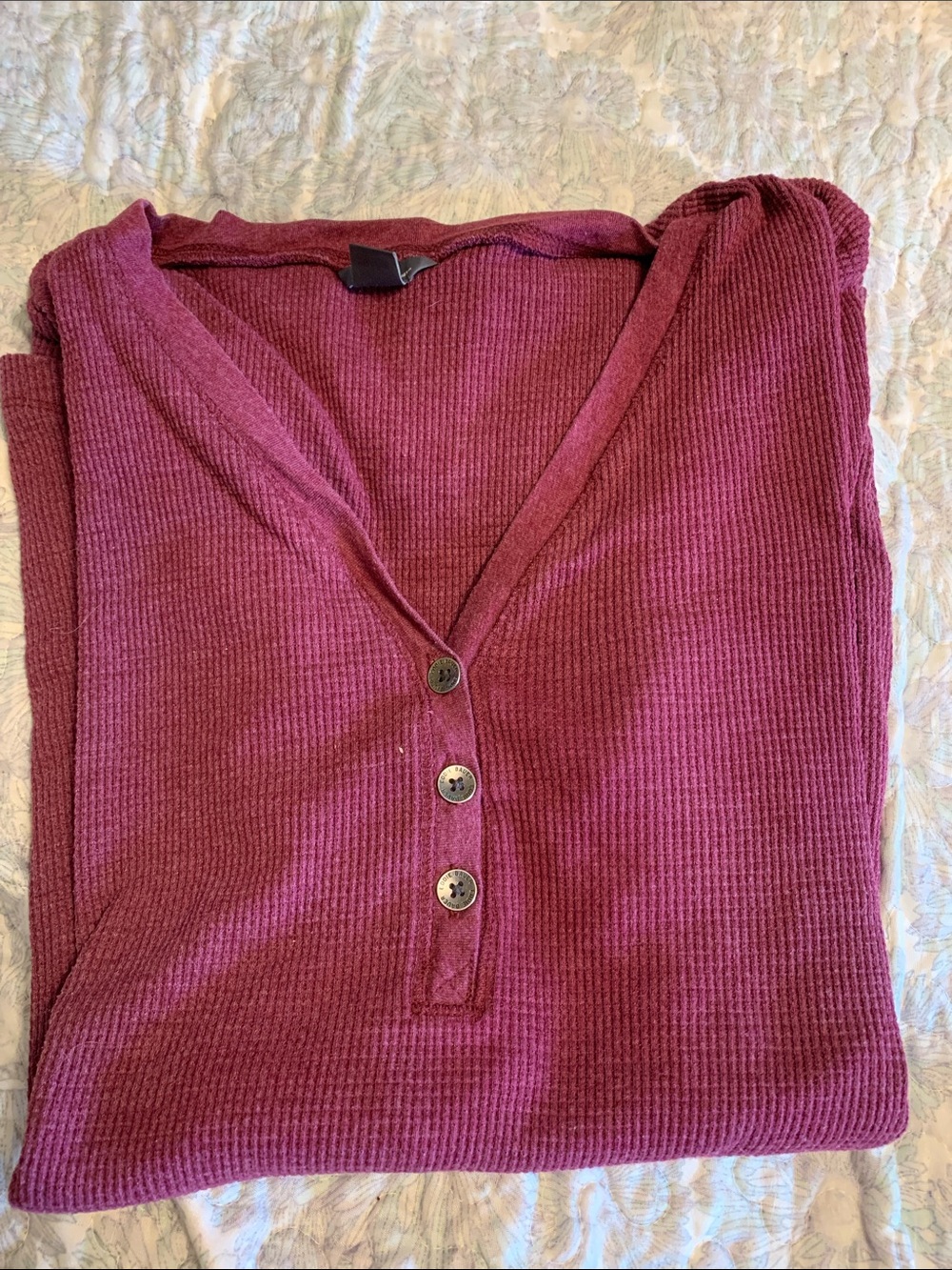 Eddie Bauer Burgundy V-Neck Waffle Henley Sweater